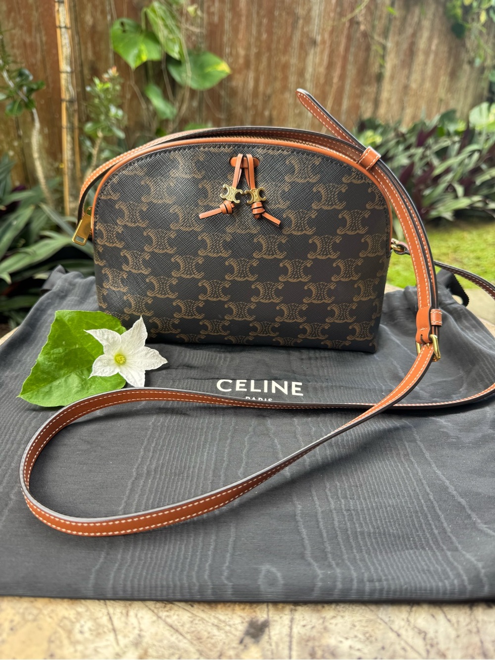 Celine Brown Coated Canvas Triomphe Crossbody with Tan Trim